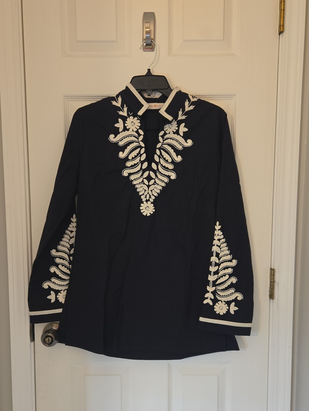 Tory Burch Navy Tunic with White Embroidered Motif